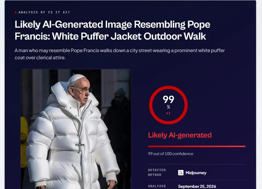 A shared public result page titled Likely AI-Generated Image Resembling Pope Francis, White Puffer Jacket Outdoor Walk, at 99 percent