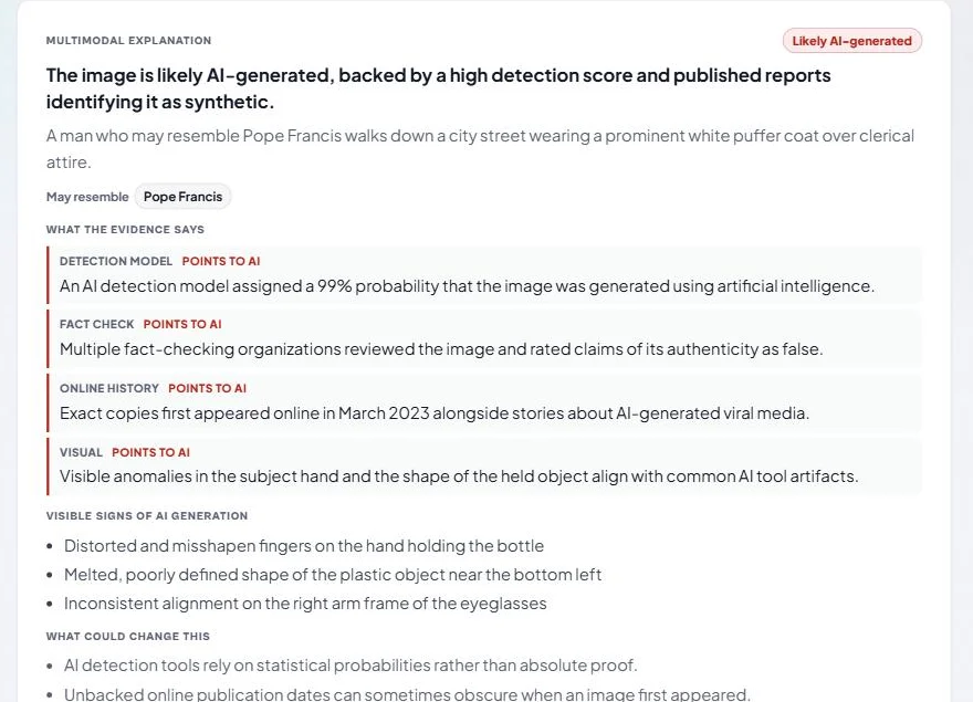 The multimodal explanation card reading Likely AI-generated, with the evidence and the visible signs listed